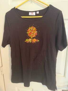 Quacker Factory Black Short-Sleeve Tee with Autumn Tree & Pumpkin Embroidery